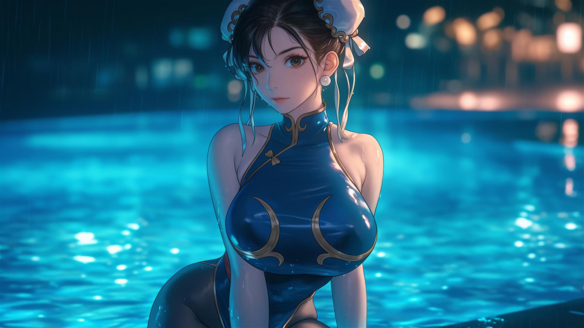 Chun Li from Street Fighter standing in a rainy swimming pool under moonlight