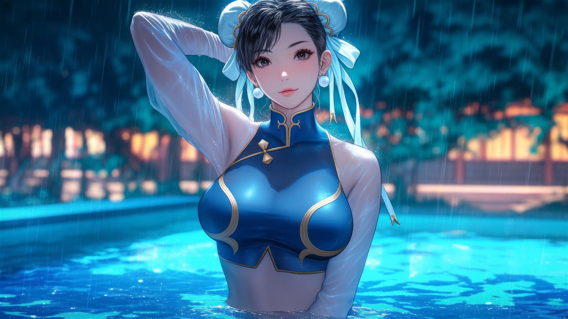 Chun Li standing in a rainy swimming pool under moonlight