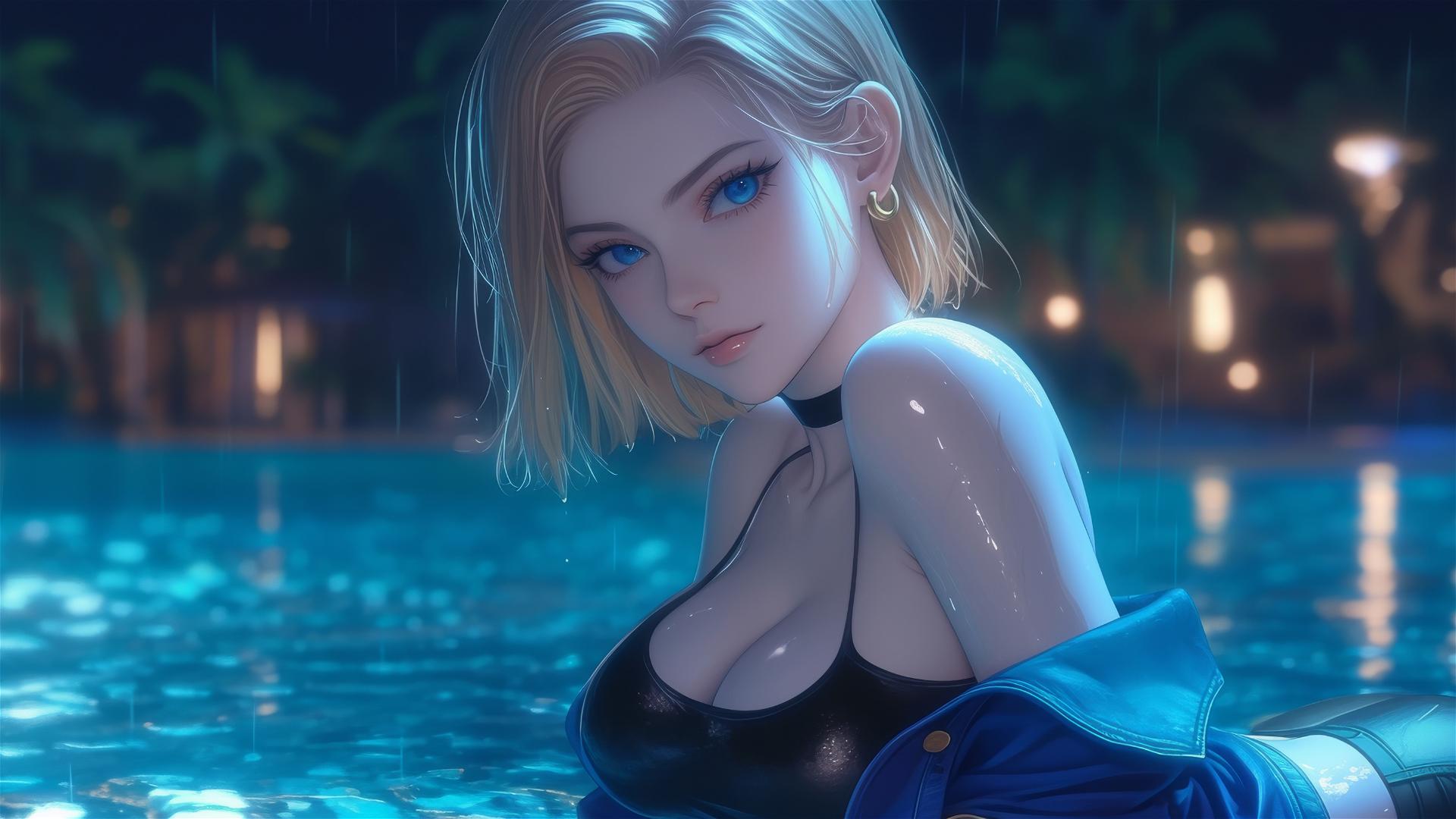 Android 18 resting by a rainy pool, moonlight glow on her