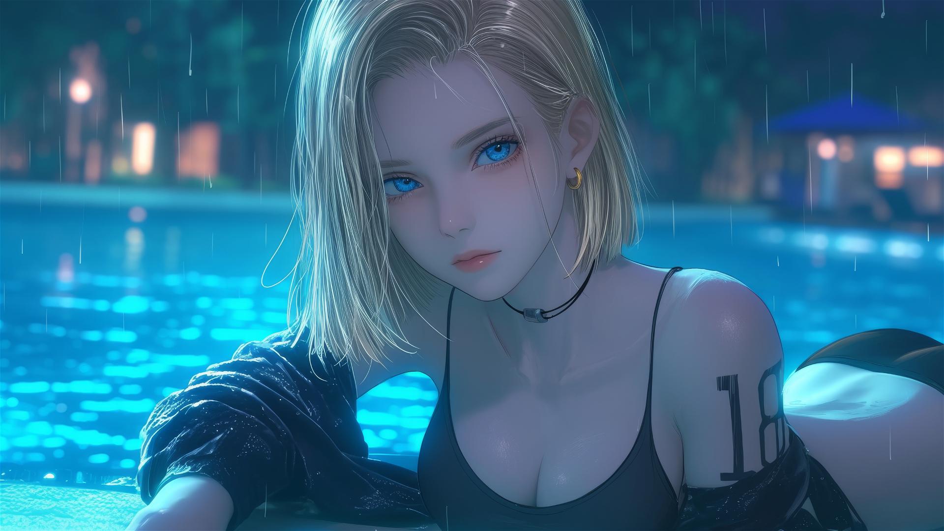 Android 18 from Dragon Ball relaxing by a rainy pool under moonlight.