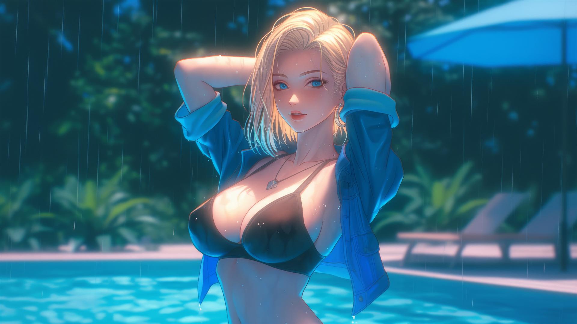 Android 18 from Dragon Ball resting by a rainy swimming pool
