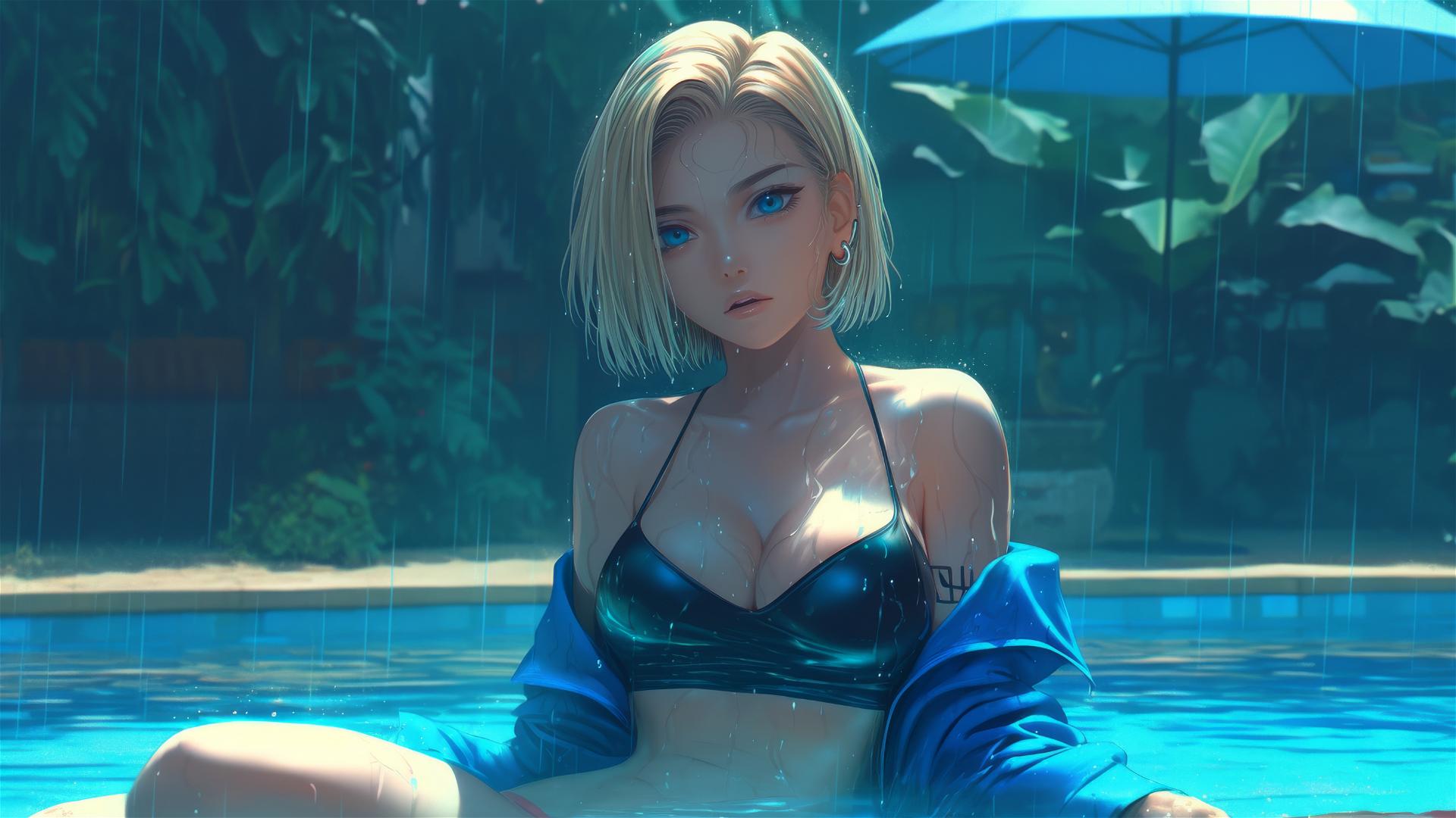 Dragon Ball Android 18 resting by a rainy swimming pool