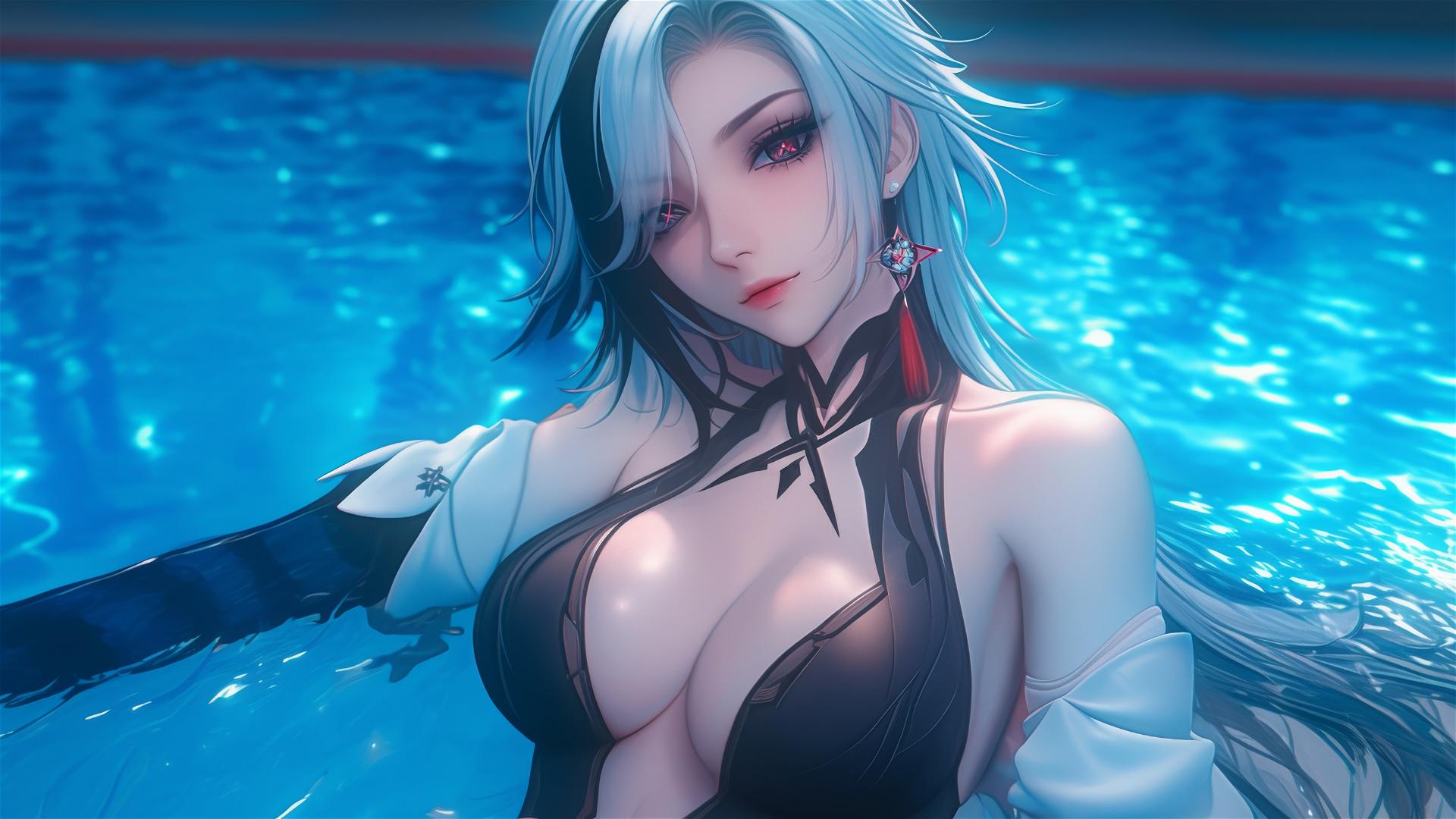 Arlecchino from Genshin Impact with snow white hair and black streaks, resting at a pool under moonlight