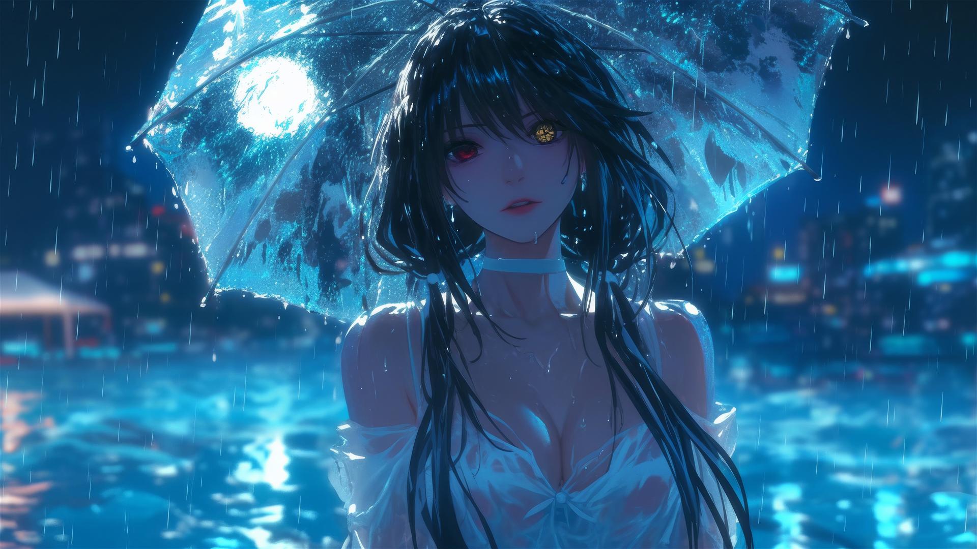 Kurumi Tokisaki from Date A Live standing in a rainy swimming pool under moonlight, wearing a pure white dress.