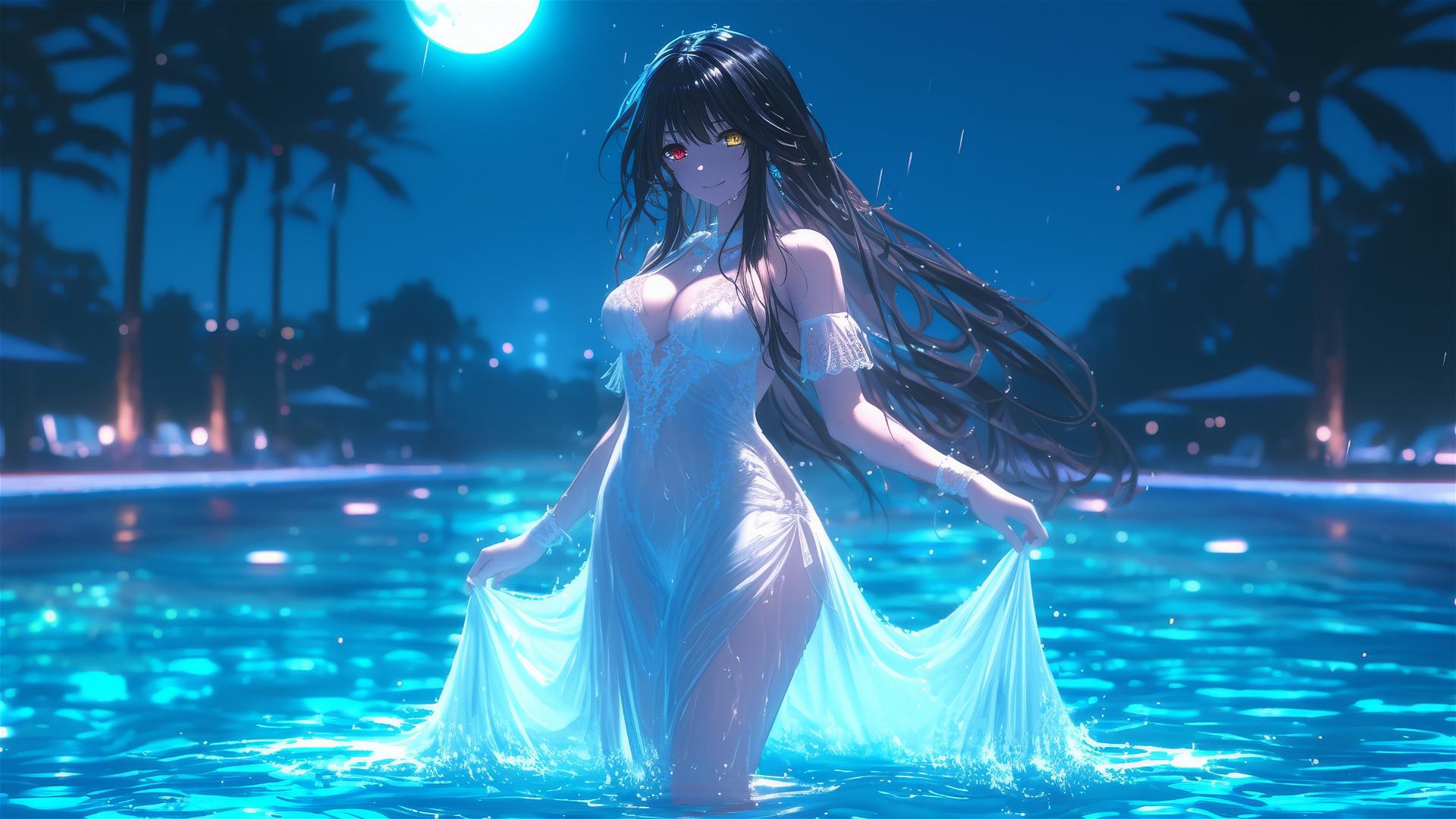 Kurumi Tokisaki from Date A Live standing in a rainy swimming pool with moonlight glow.