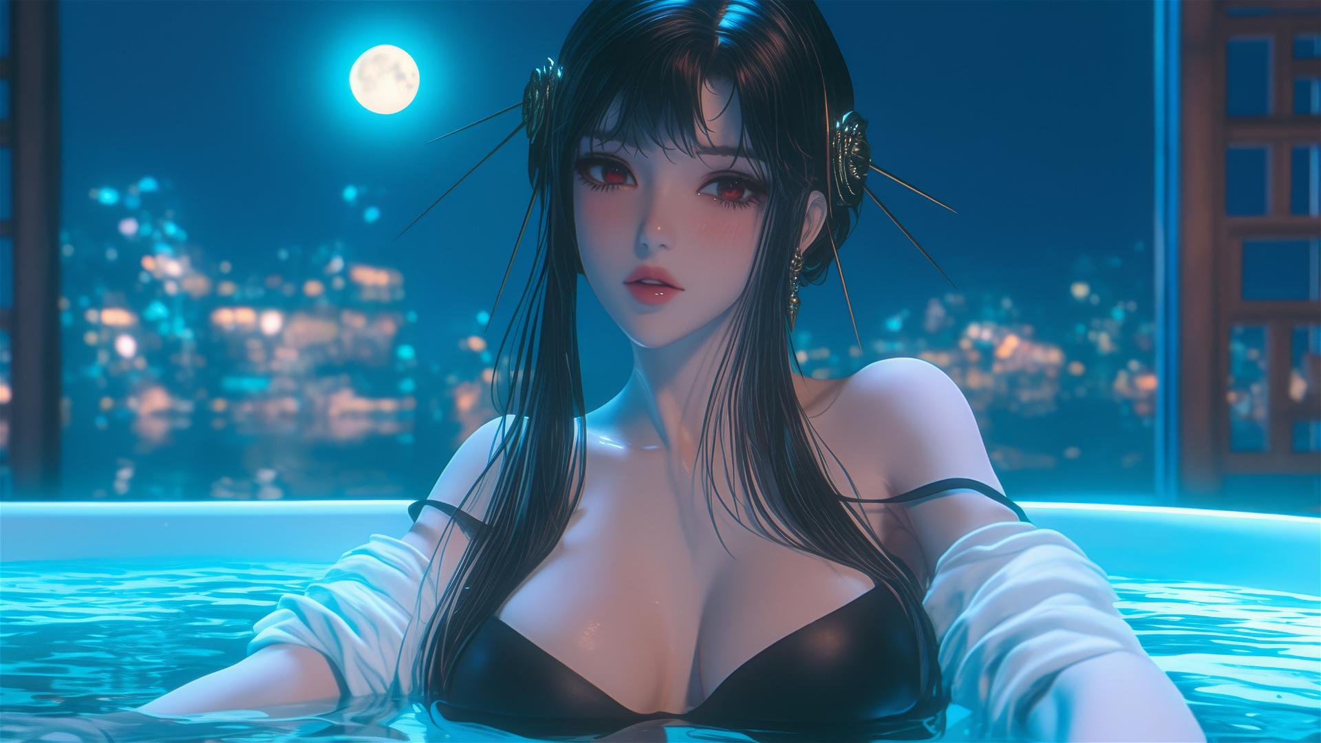 Yor Forger relaxing in tub under moonlight