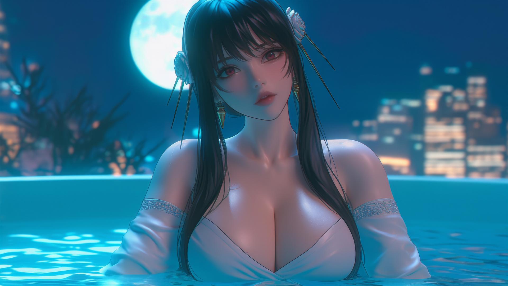 Yor Forger from Spy x Family resting in a tub with moonlight glow