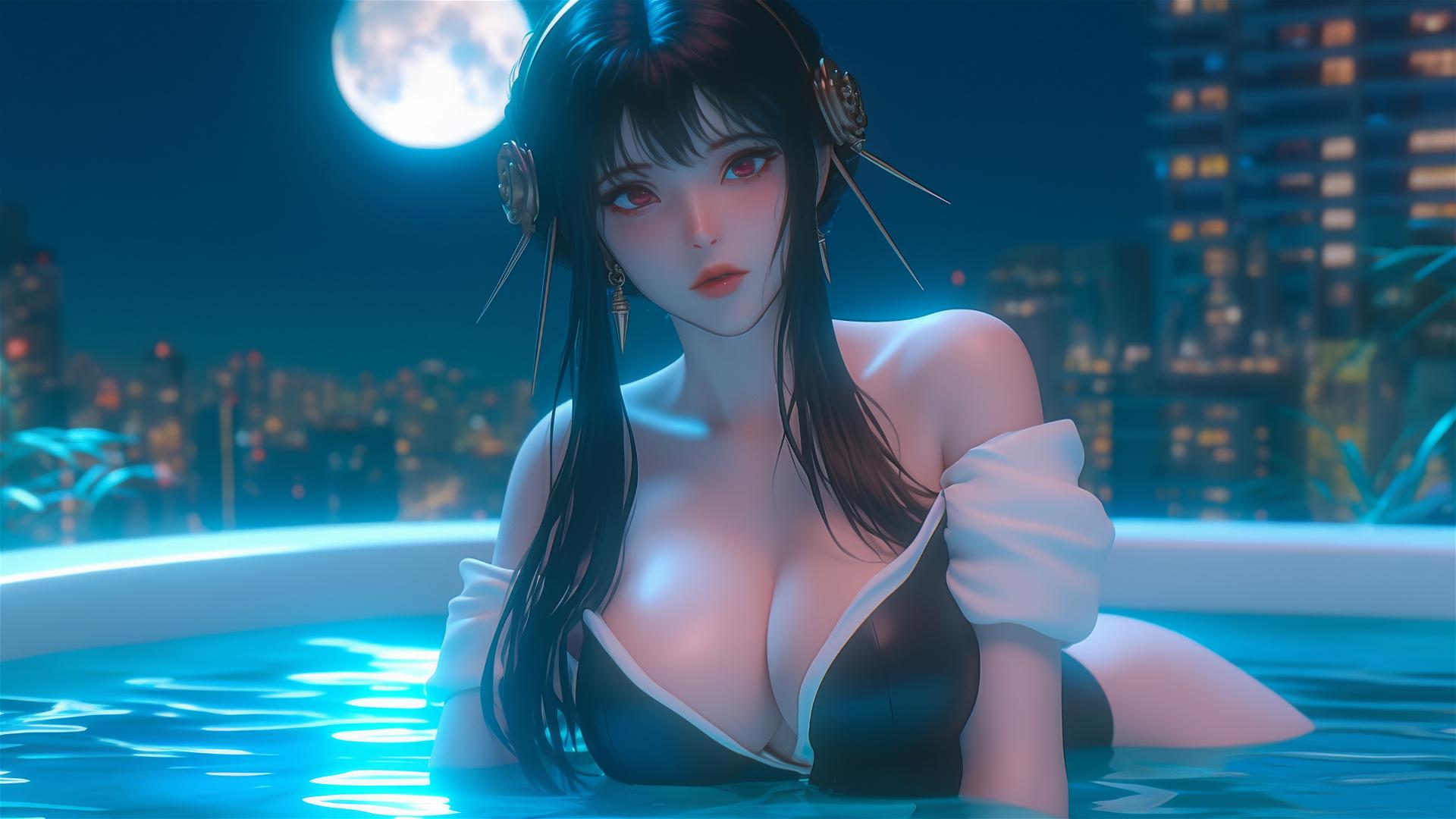 Yor Forger from Spy x Family relaxing in a tub under moonlight