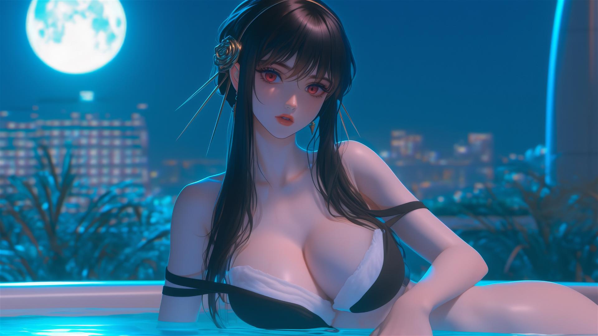 Yor Forger resting in a tub illuminated by moonlight