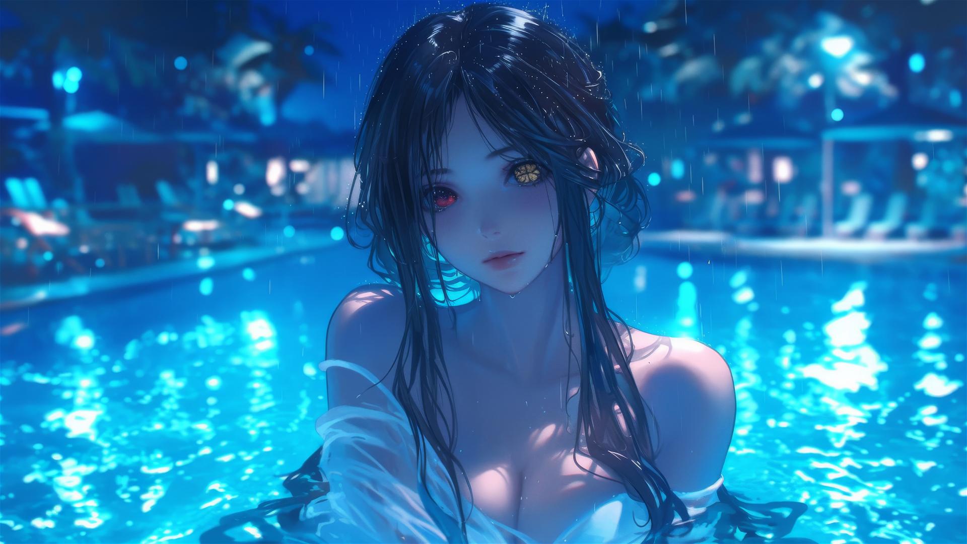Kurumi Tokisaki from Date A Live standing in a rainy swimming pool, moonlight glow, white dress, heterochromia