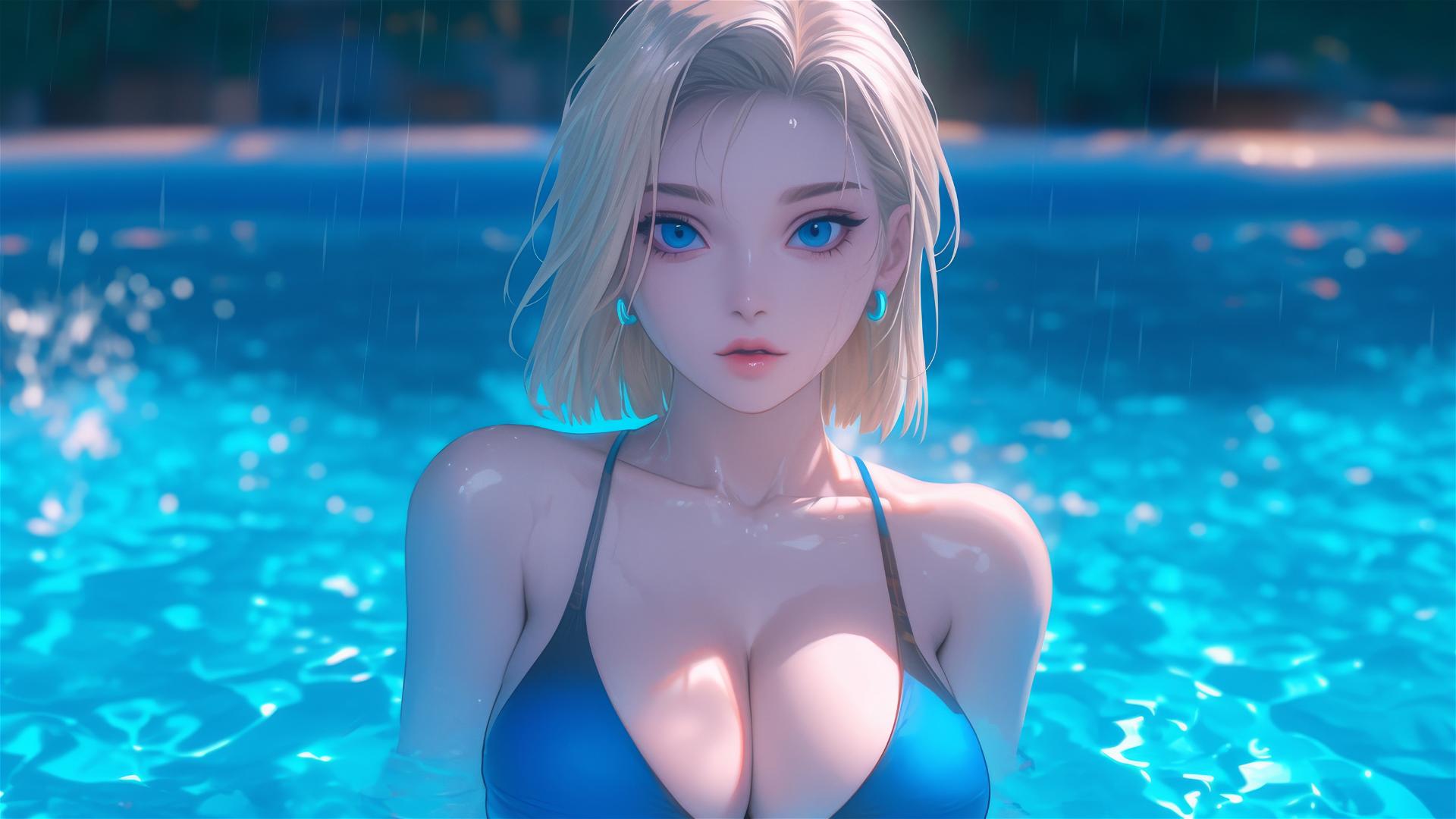 Android 18 from Dragon Ball resting by a rainy swimming pool