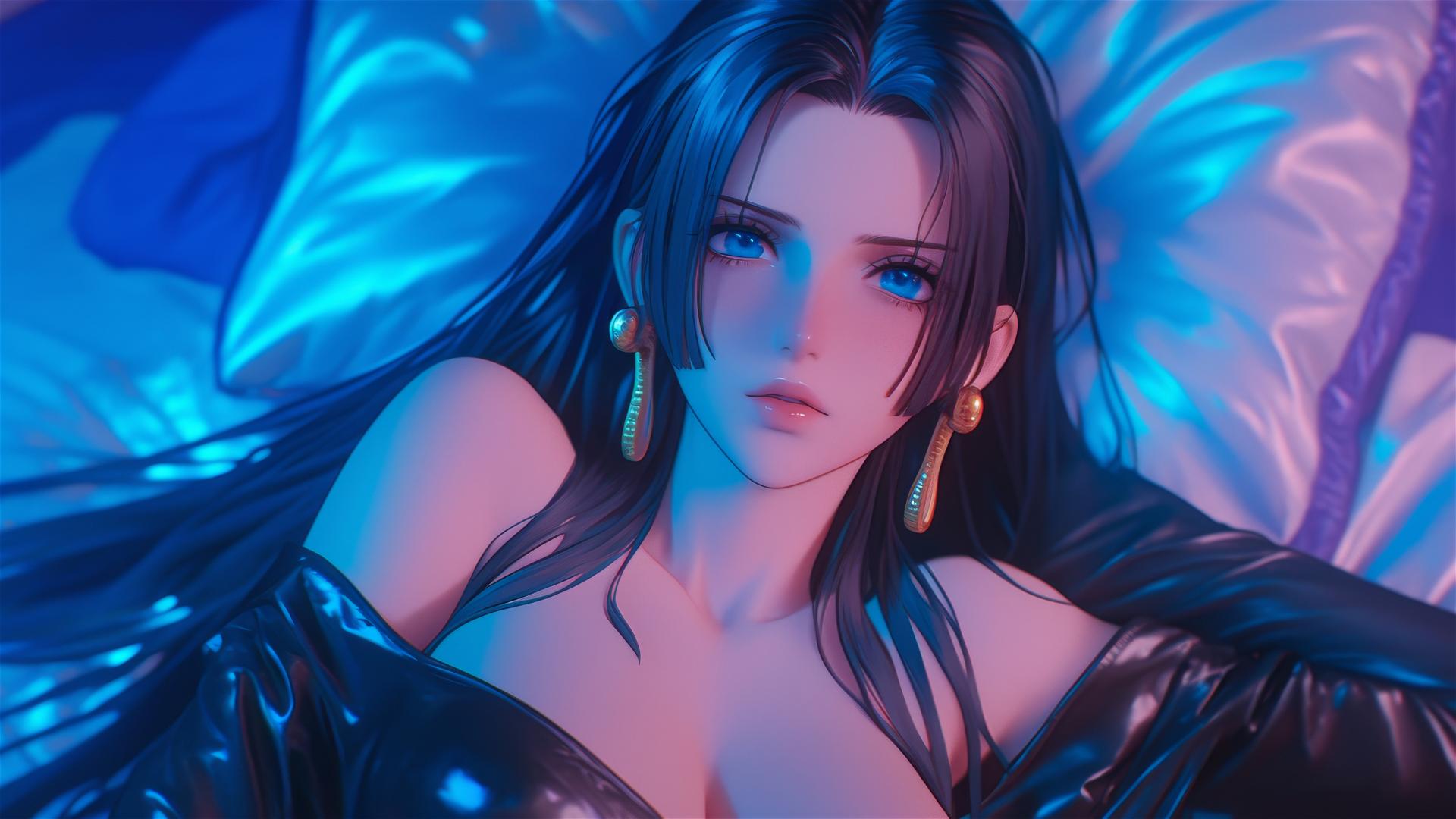 Boa Hancock in bed wearing black and pink leather, neon colors, pink background