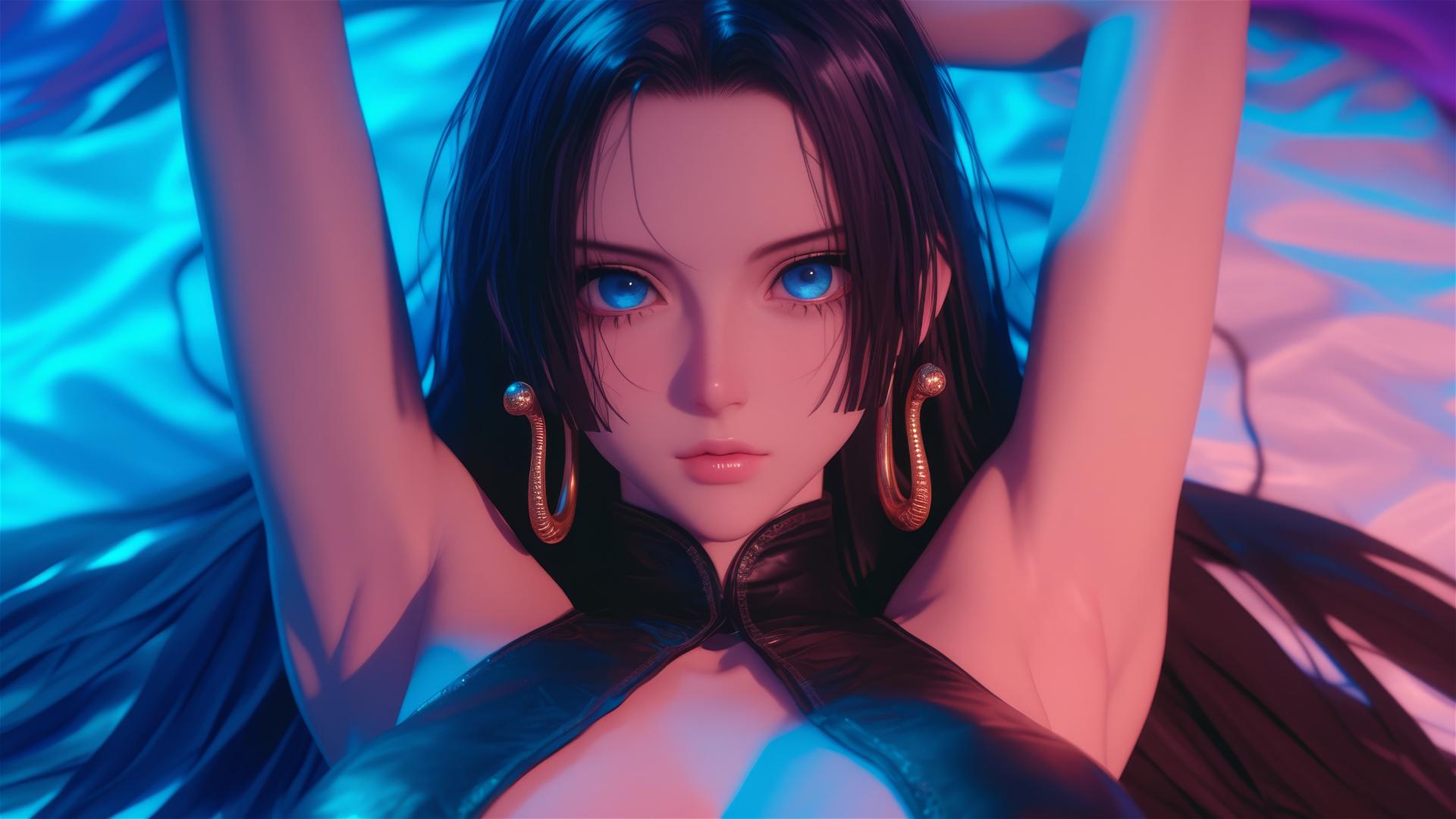 High angle of Boa Hancock from One Piece in bed, black and pink leather, neon colors, pink background, anime style.
