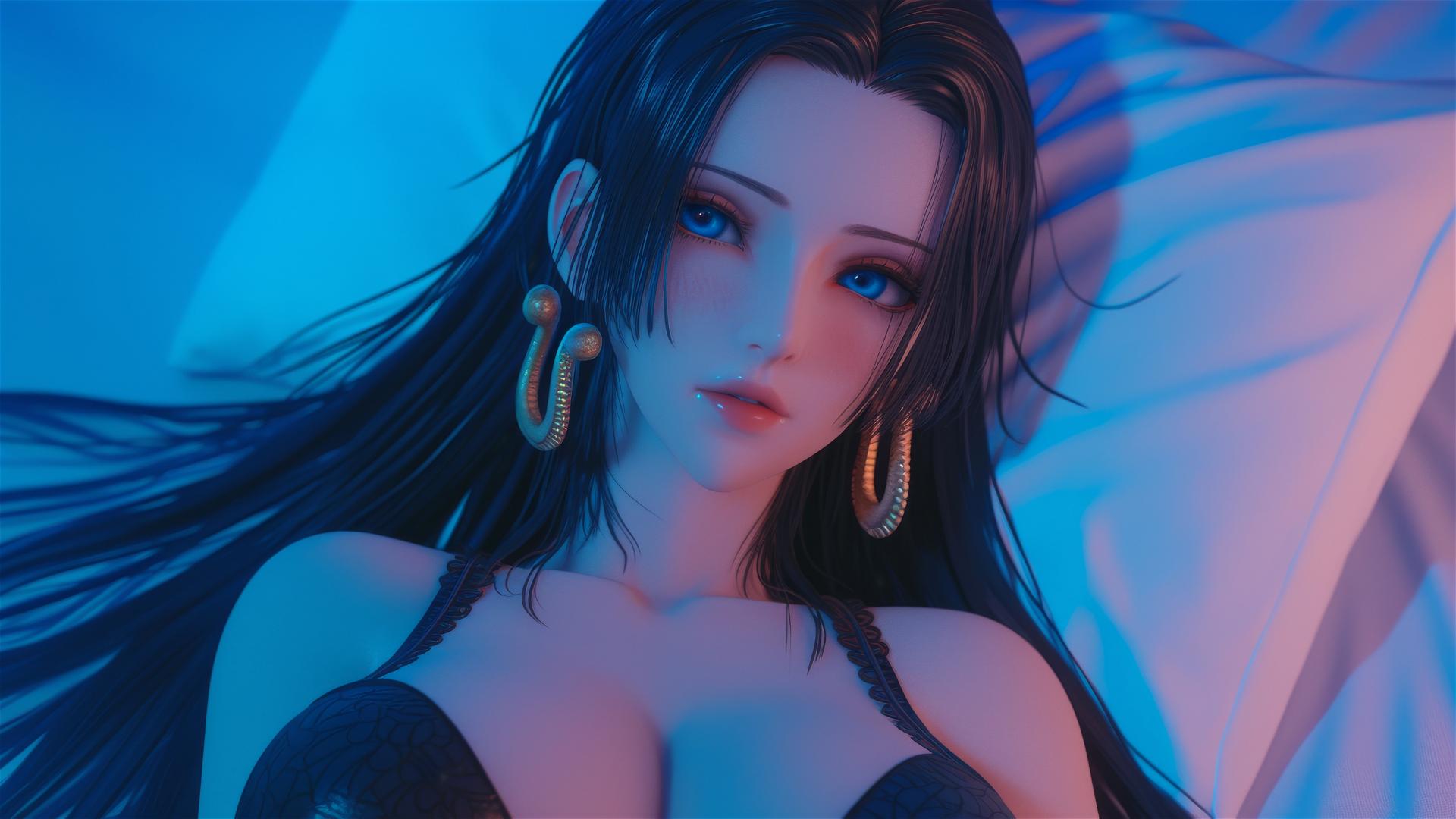 Boa Hancock from One Piece in bed with black and pink leather outfit, neon colors, pink background