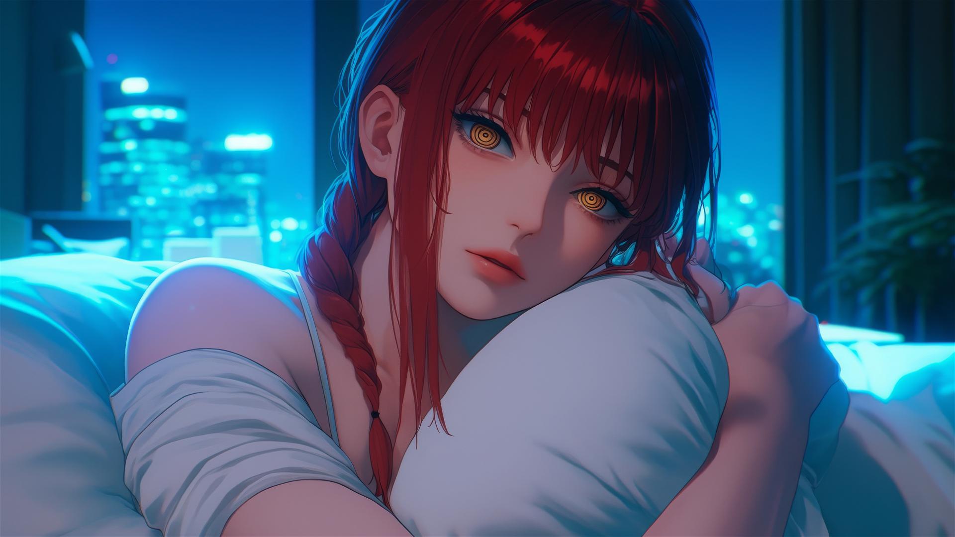 High angle view of Makima from Chainsaw Man with reddish hair in bed