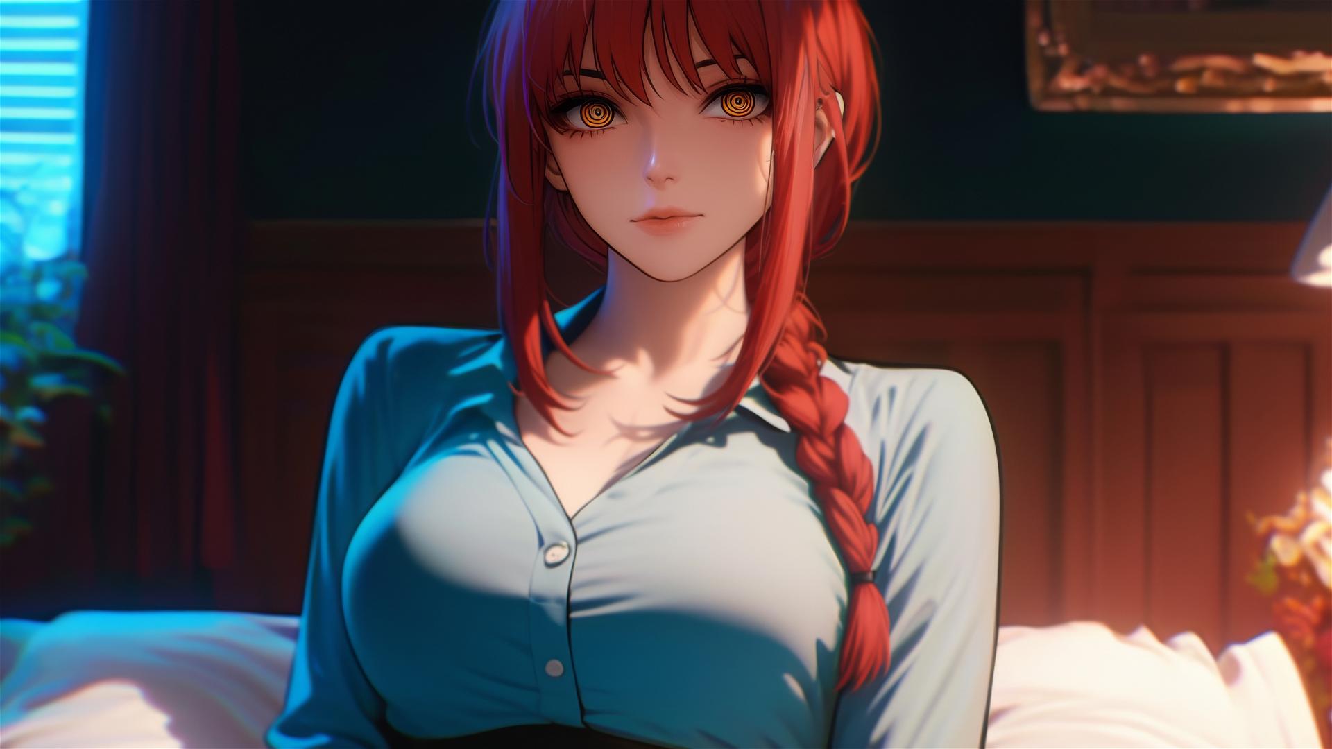 Makima from Chainsaw Man lying in bed with red hair viewed from high angle