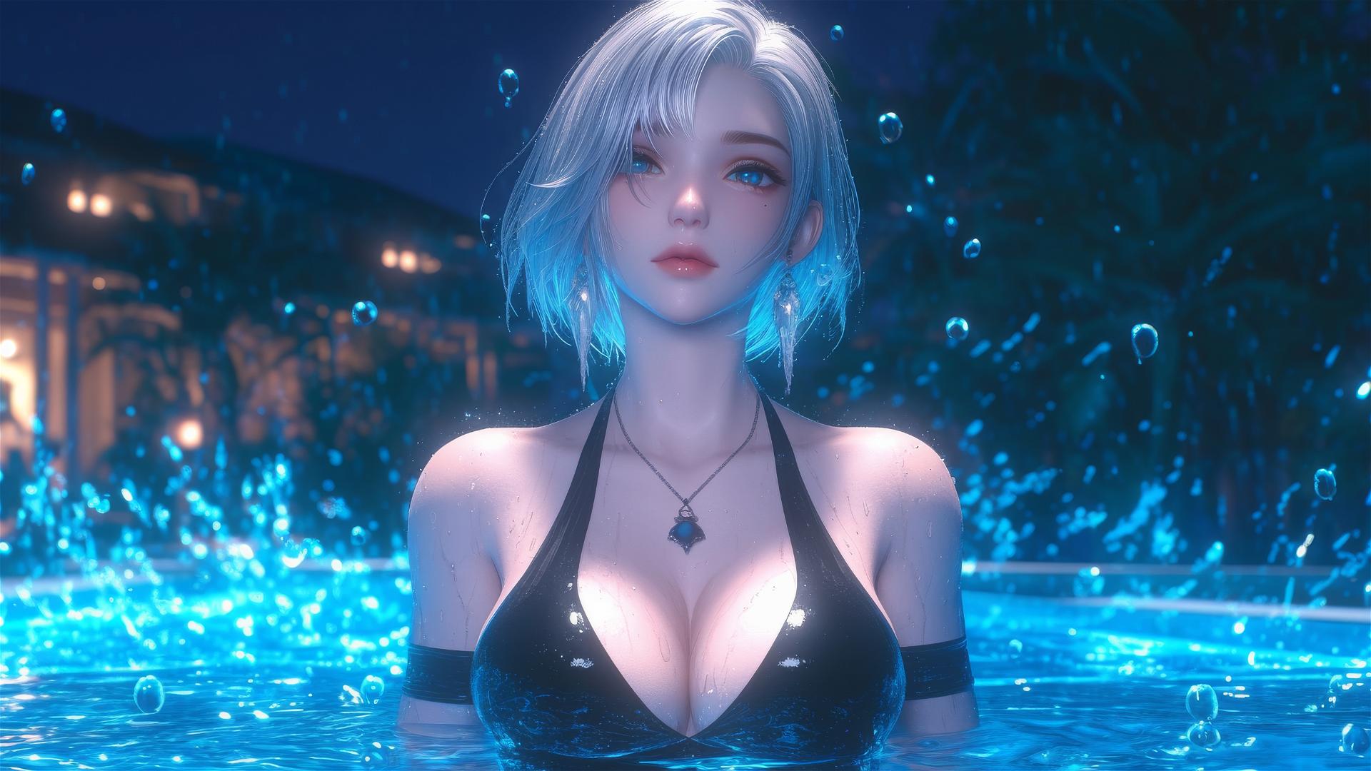 2B from Nier in casual attire sitting by a rainy pool under moonlight