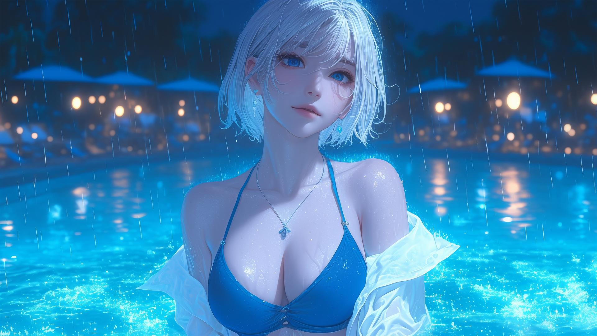 2B from Nier in casual attire sitting by a rainy pool under moonlight.