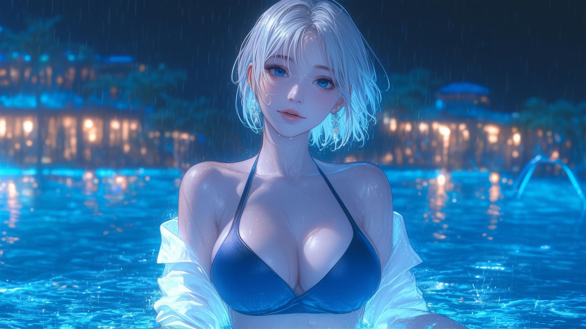 2B from Nier in casual attire, relaxing at a rainy swimming pool with moonlight glow.