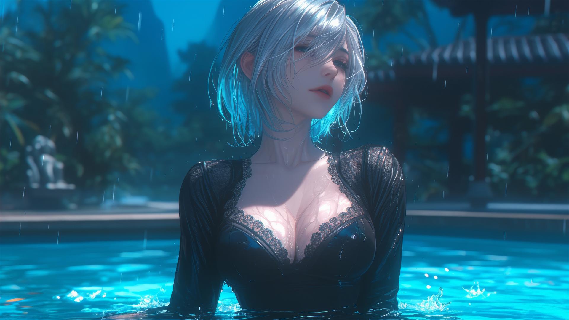 2B from Nier in casual attire, relaxed sitting by a rainy swimming pool with moonlight.