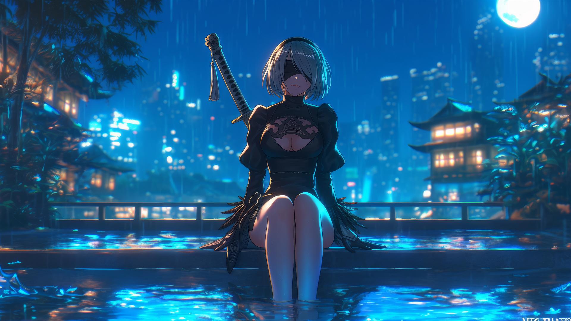 2B from Nier, relaxed, sitting by a rainy pool under moonlight