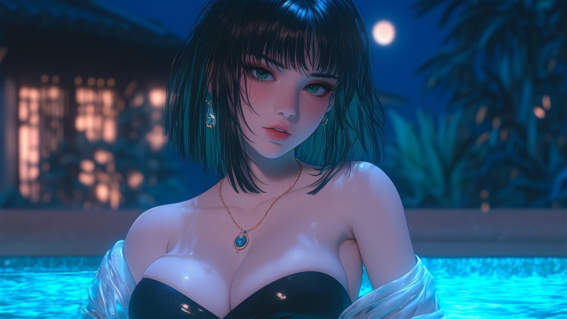 Fubuki from One Punch Man resting in a tub under moonlight