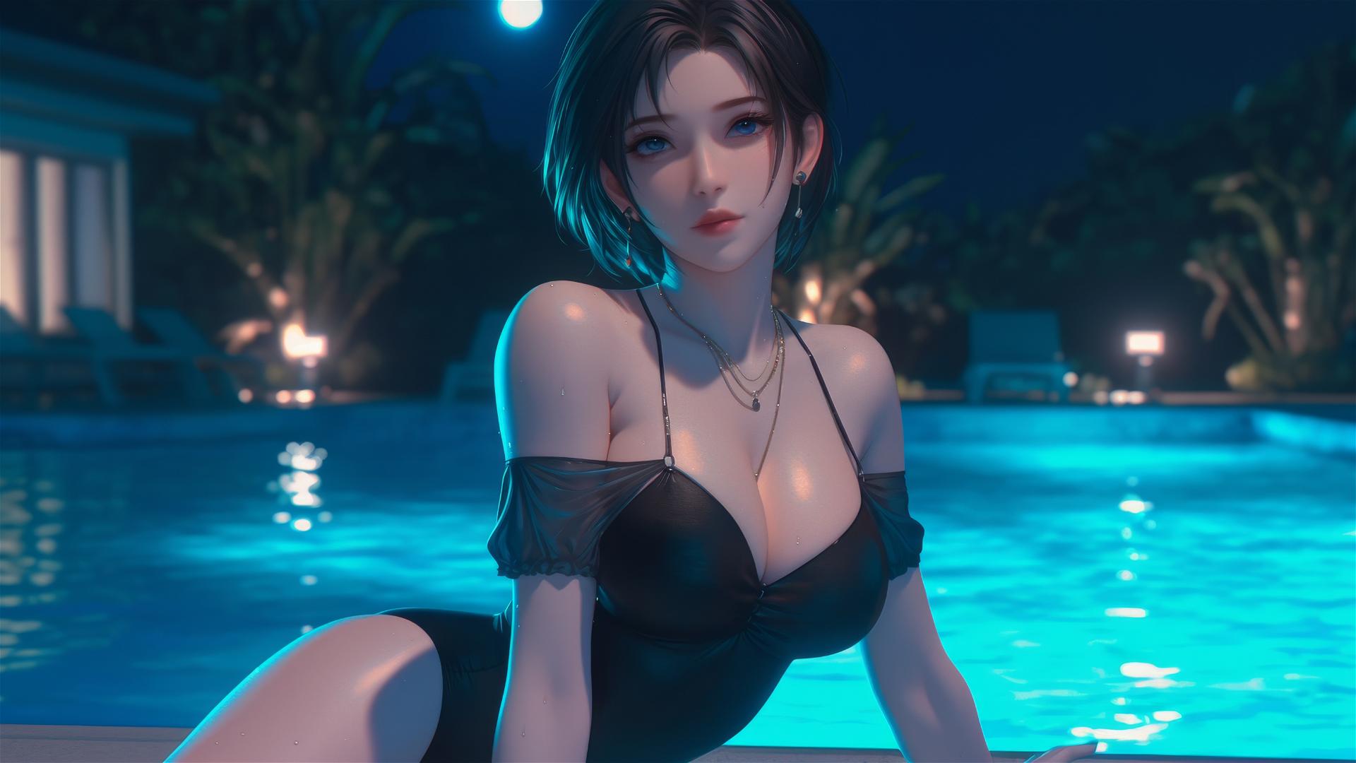 Ada Wong resting at a rainy pool under moonlight