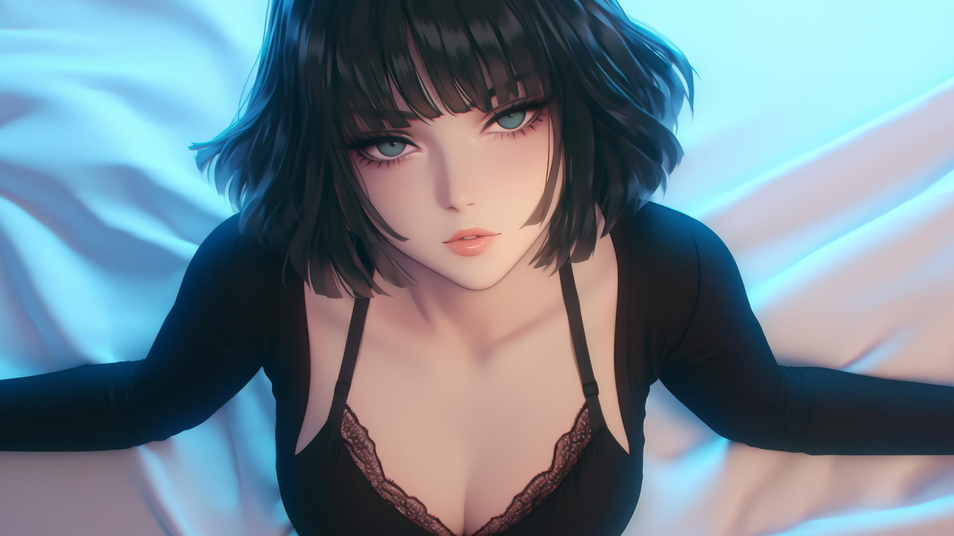 Fubuki from One Punch Man kneeling, looking up, neon-lit modern hotel room.