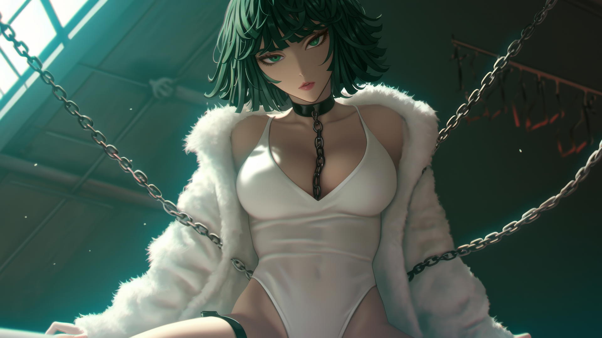 Fubuki from One Punch Man kneeling, chained, with neon-lit hotel ceiling background.