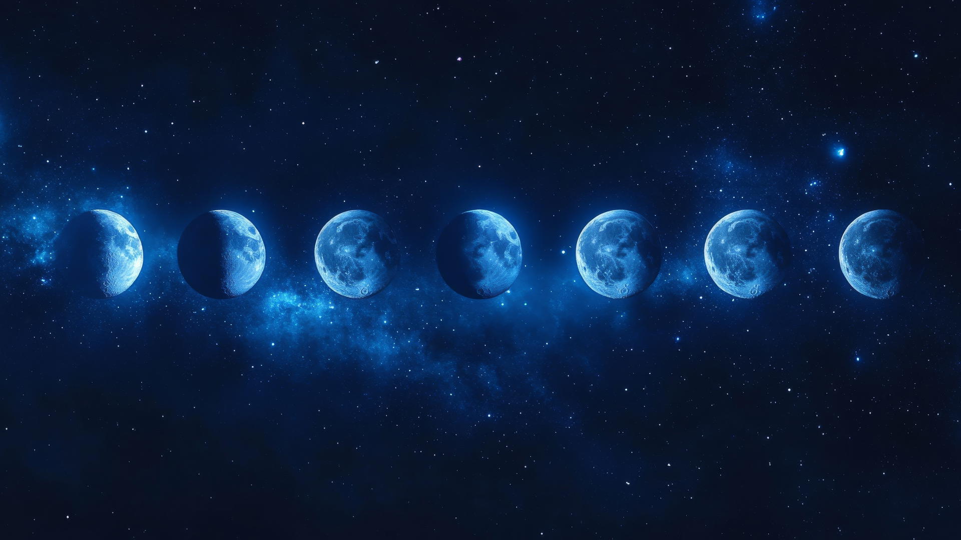dark blue aesthetic wallpaper with moon phases and subtle glowing stars