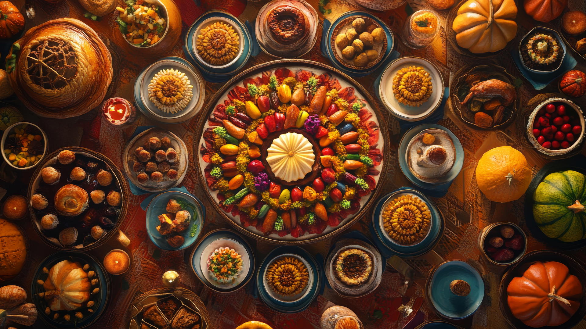 Thanksgiving aesthetic wallpaper with colorful dishes in a mandala pattern