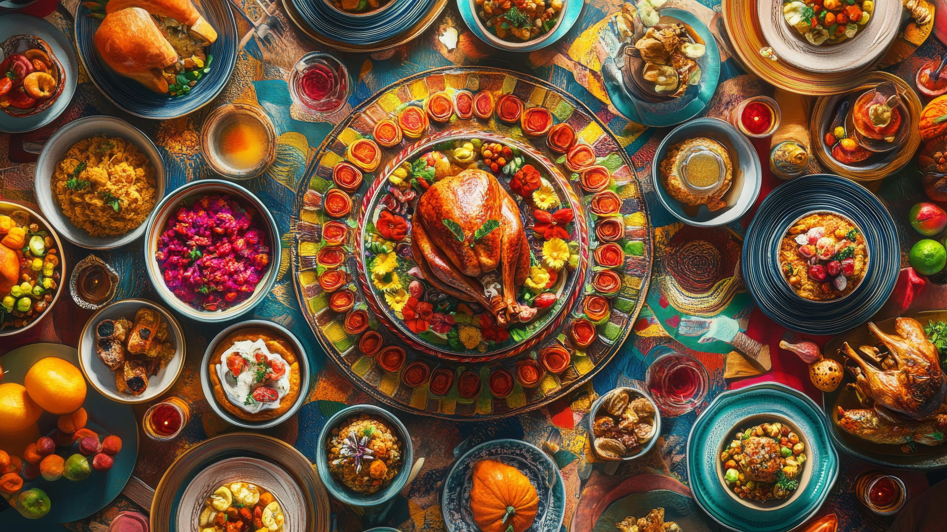 thanksgiving aesthetic wallpaper with colorful dishes in a mandala pattern