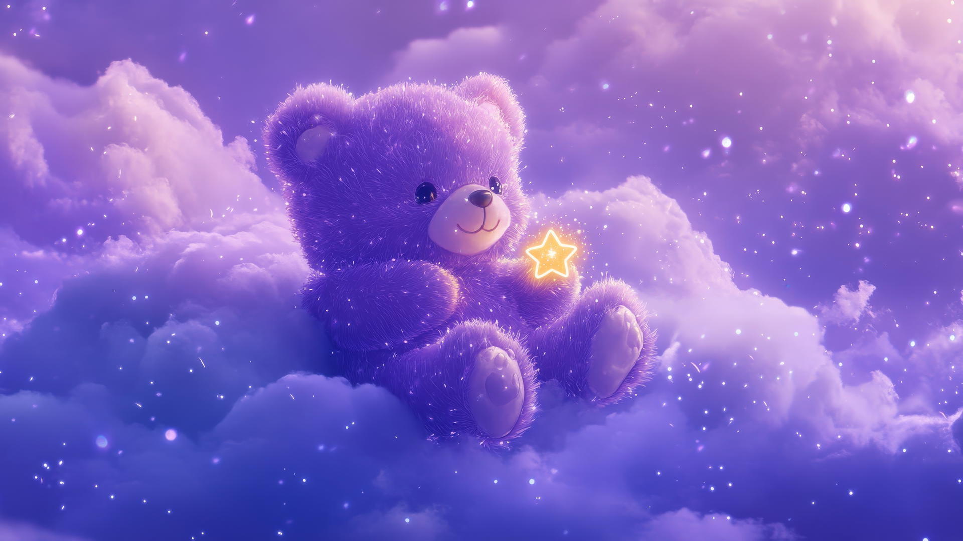 cute purple wallpaper with a kawaii bear holding a tiny star on a fluffy lavender cloud
