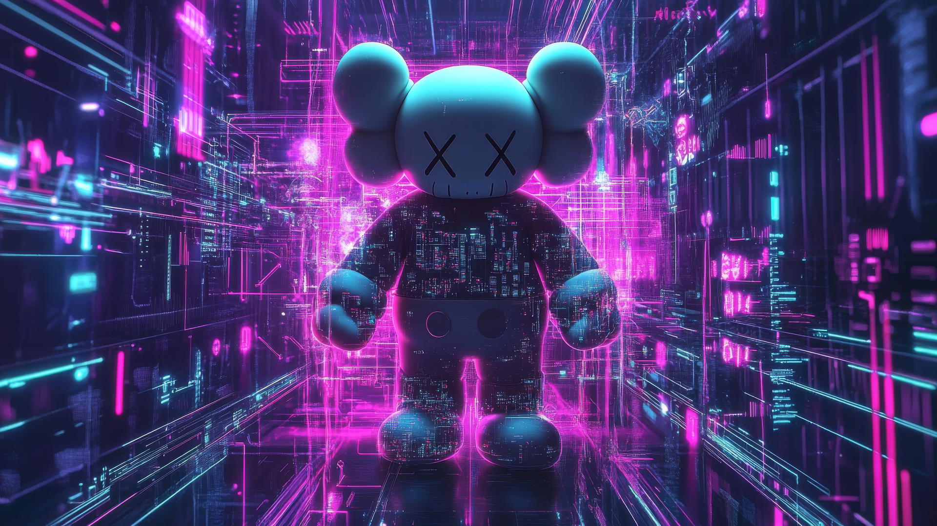 Kaws artwork, Companion character, holographic interface, data streams