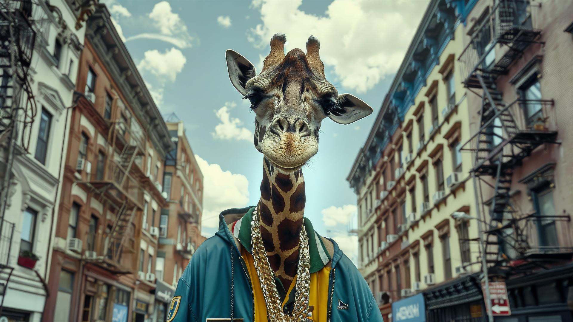 Anthropomorphic giraffe in 80s hip-hop style on NYC street
