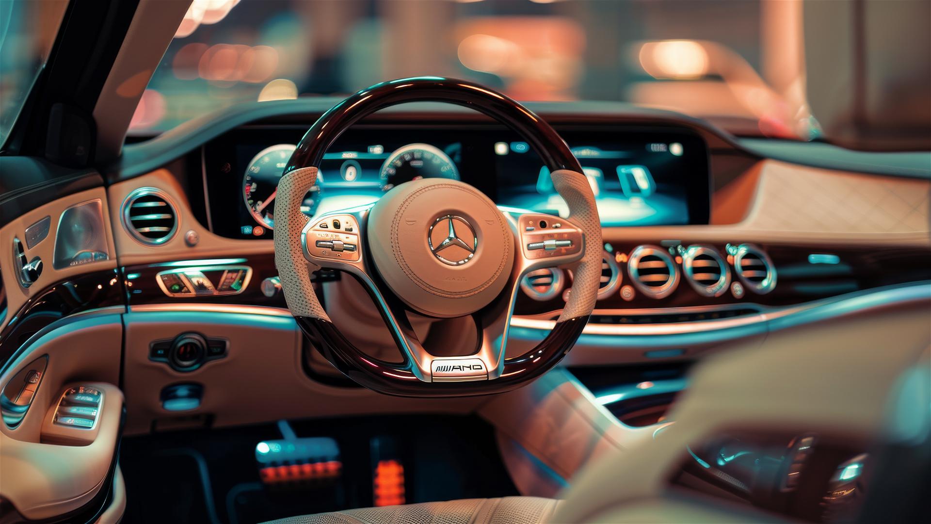 Close-up of Mercedes-Maybach S-Class 580 interior with clear logo, captured by Jesse Alexander.