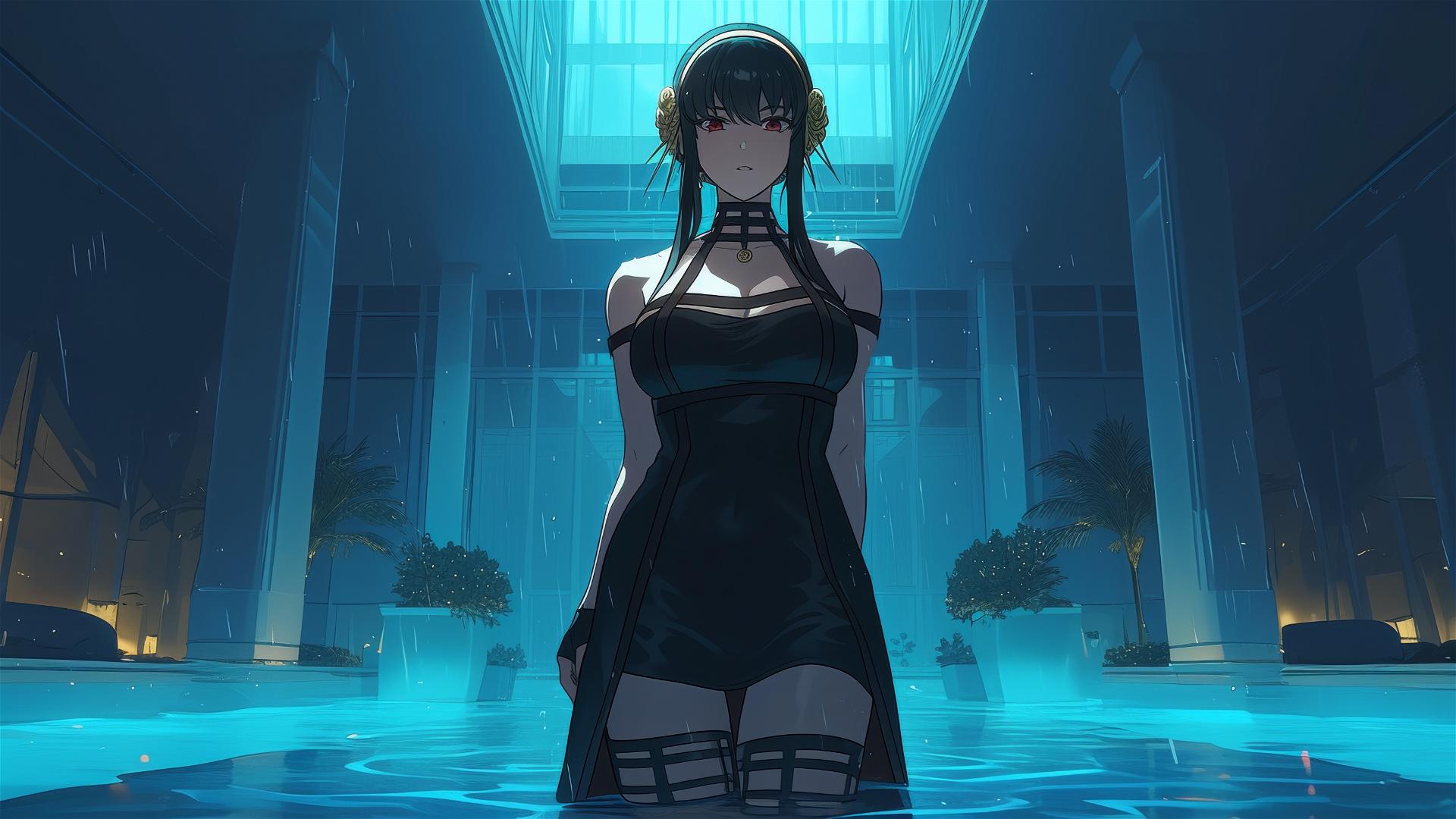 Yor Forger in bunny girl style, white dress, in pool with moon glow