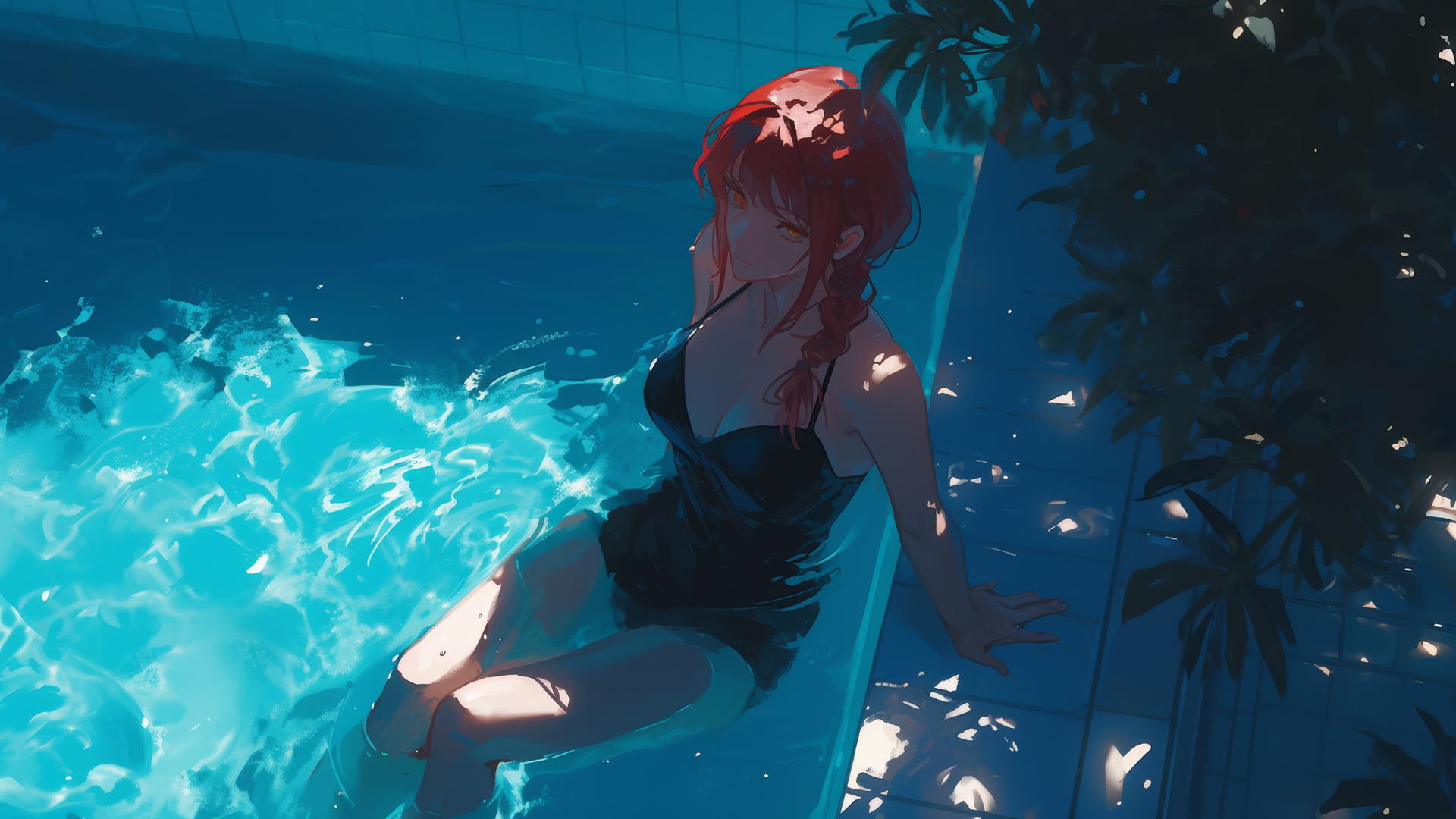 Makima from Chainsaw Man, standing in a pool under moonlight, red hair shining