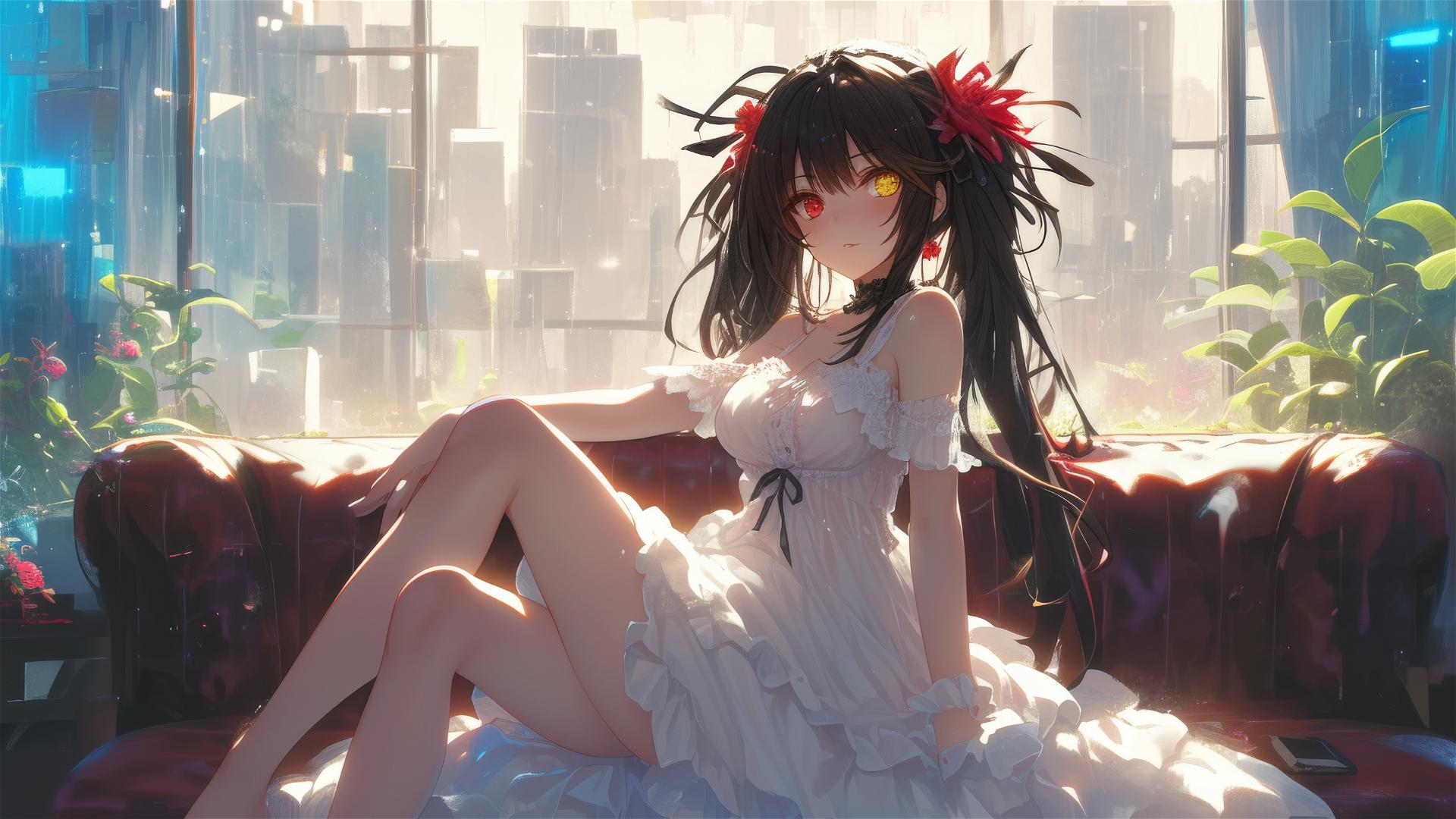 Kurumi Tokisaki from Date A Live resting under moonlight, in white dress with one red and one yellow eye