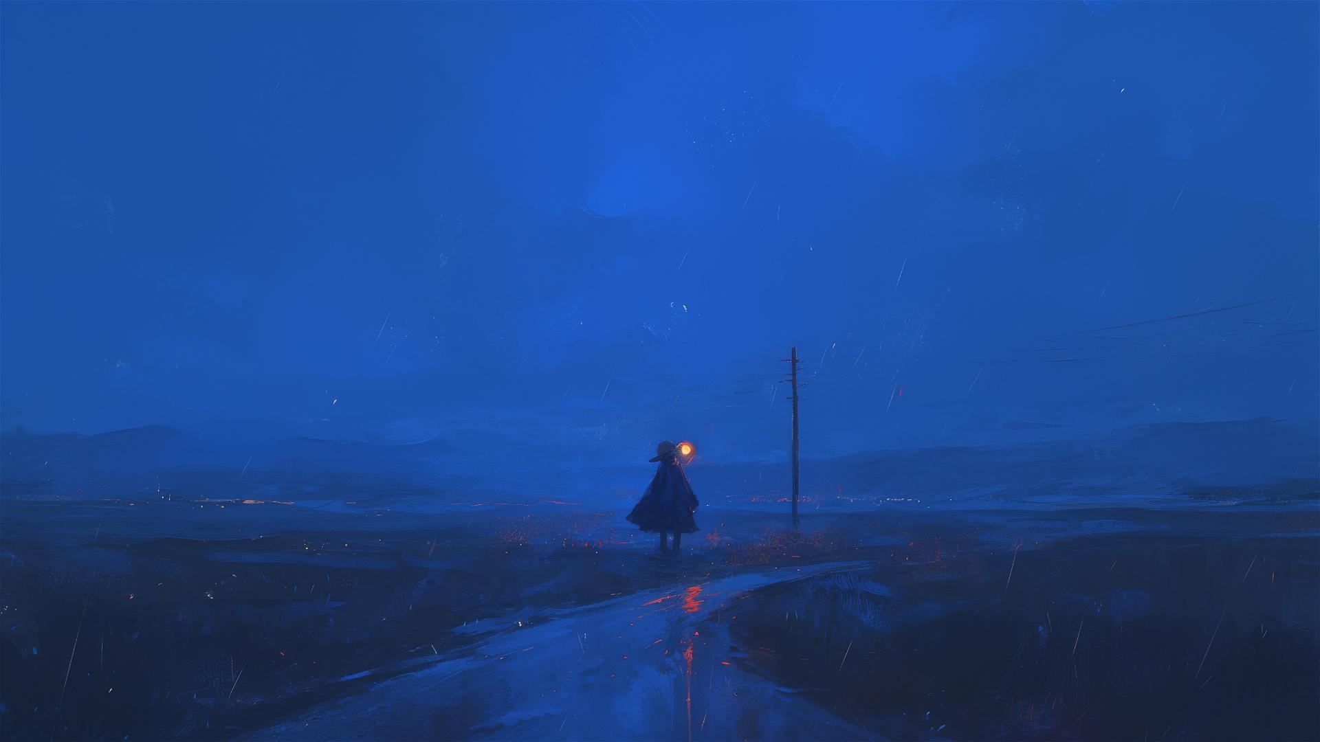 Luffy from One Piece on a remote road during heavy rainfall