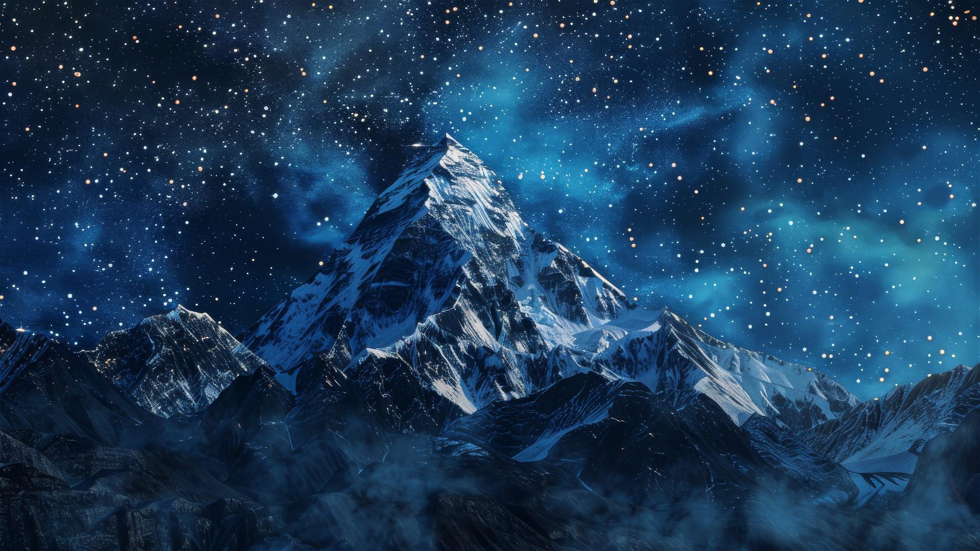 Mount Everest at night with van Gogh's Starry Night textured sky