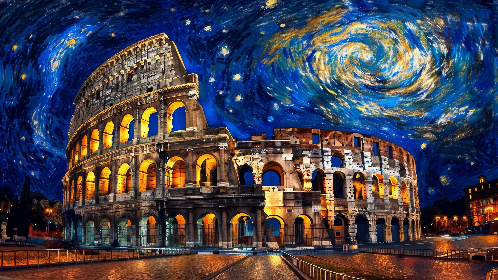 Colosseum at night with stars and intense blue sky in van Gogh style