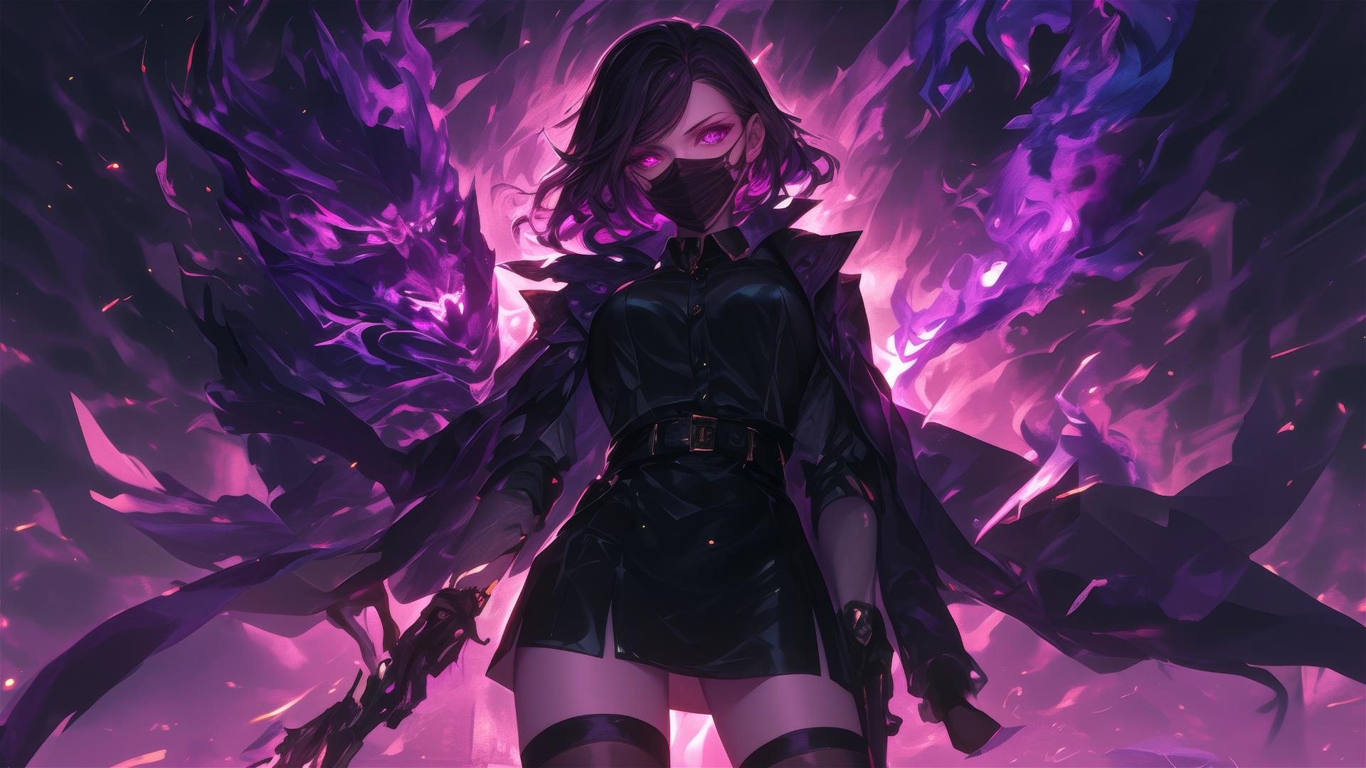 Demon girl with short hair and dark mask in dynamic pose with thigh focus
