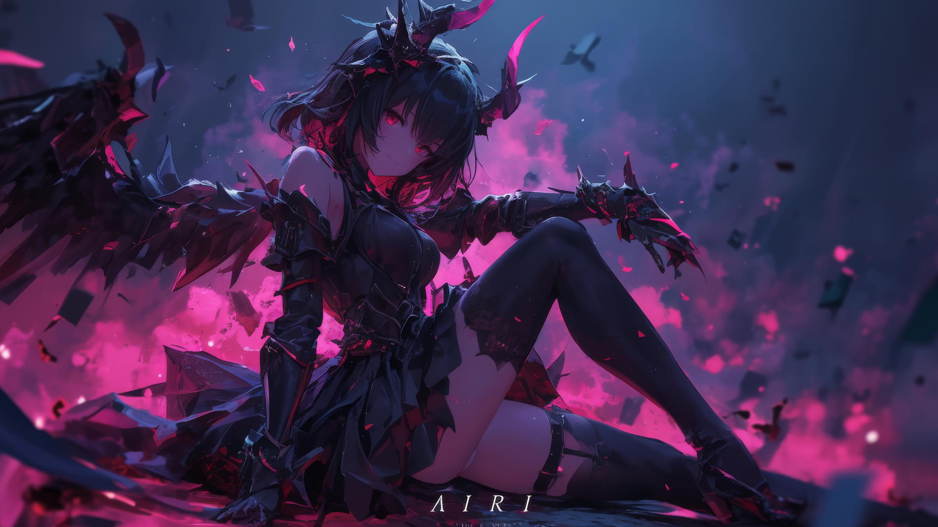 Demon girl with masked face and short hair in dynamic pose