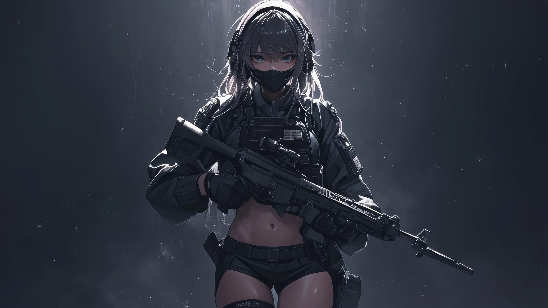 Tactical school girl with dark mask and spotlight effect