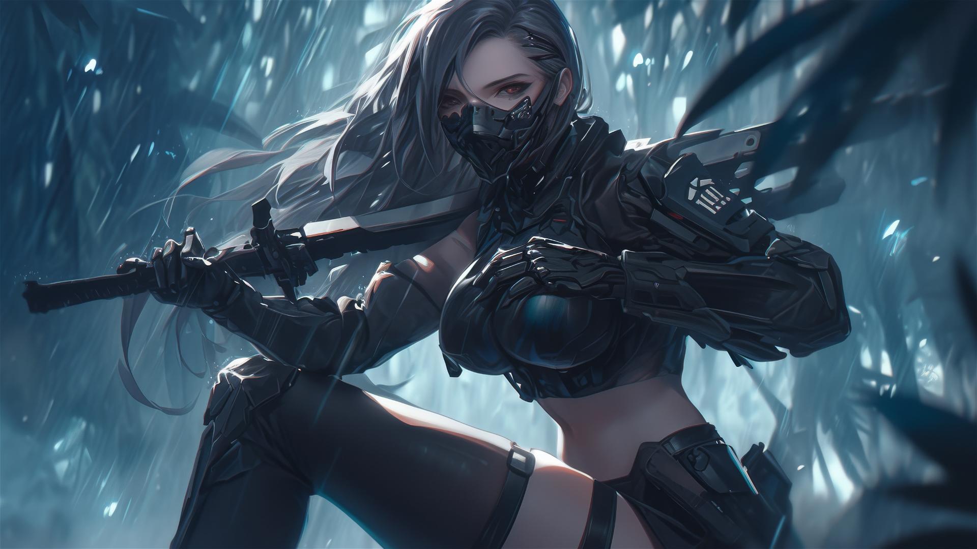 Tactical school girl with thigh focus and dark mask in a dynamic pose under spotlight