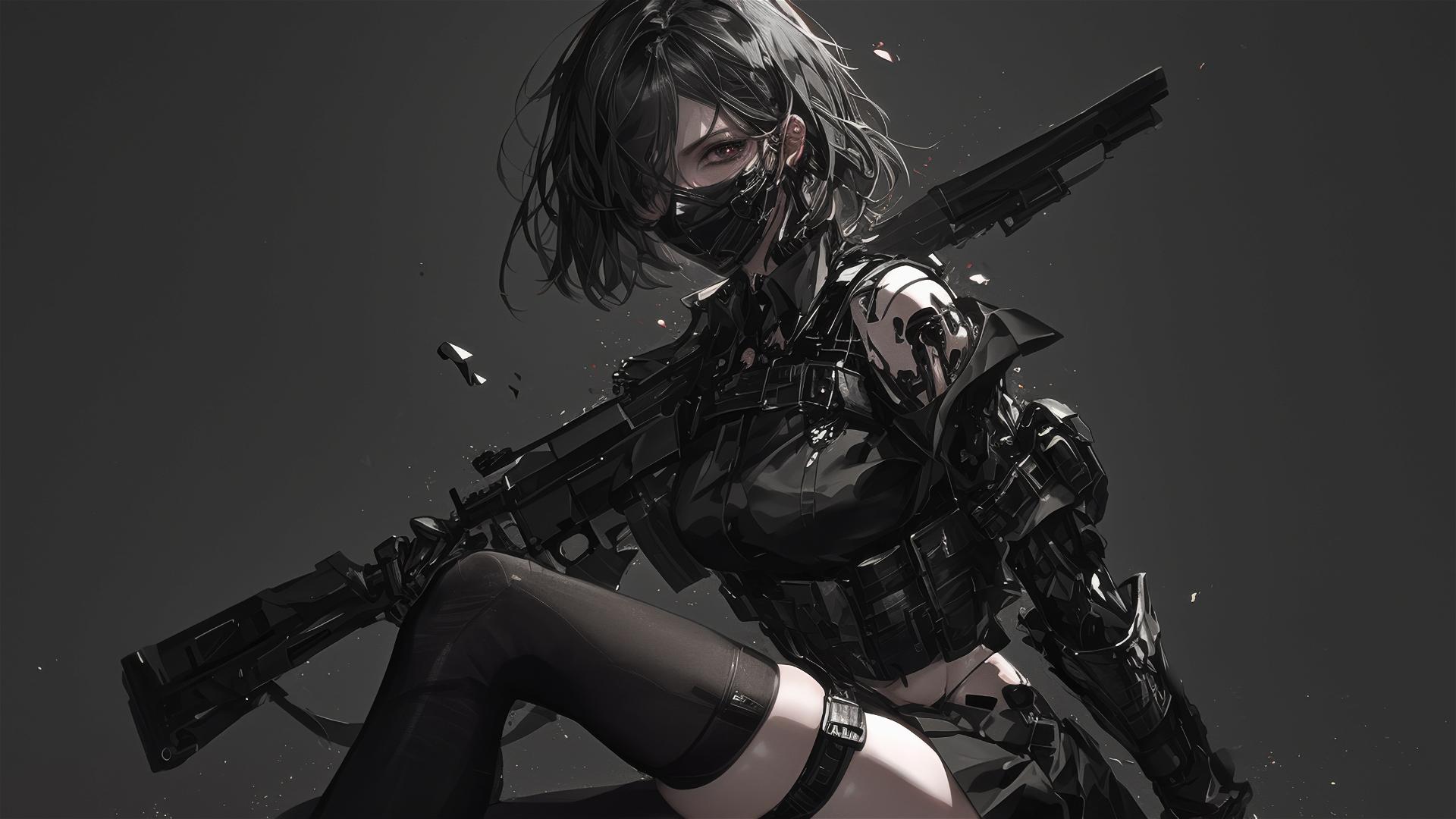 Tactical school girl with mask and thigh focus in dynamic pose on dark background with spotlight