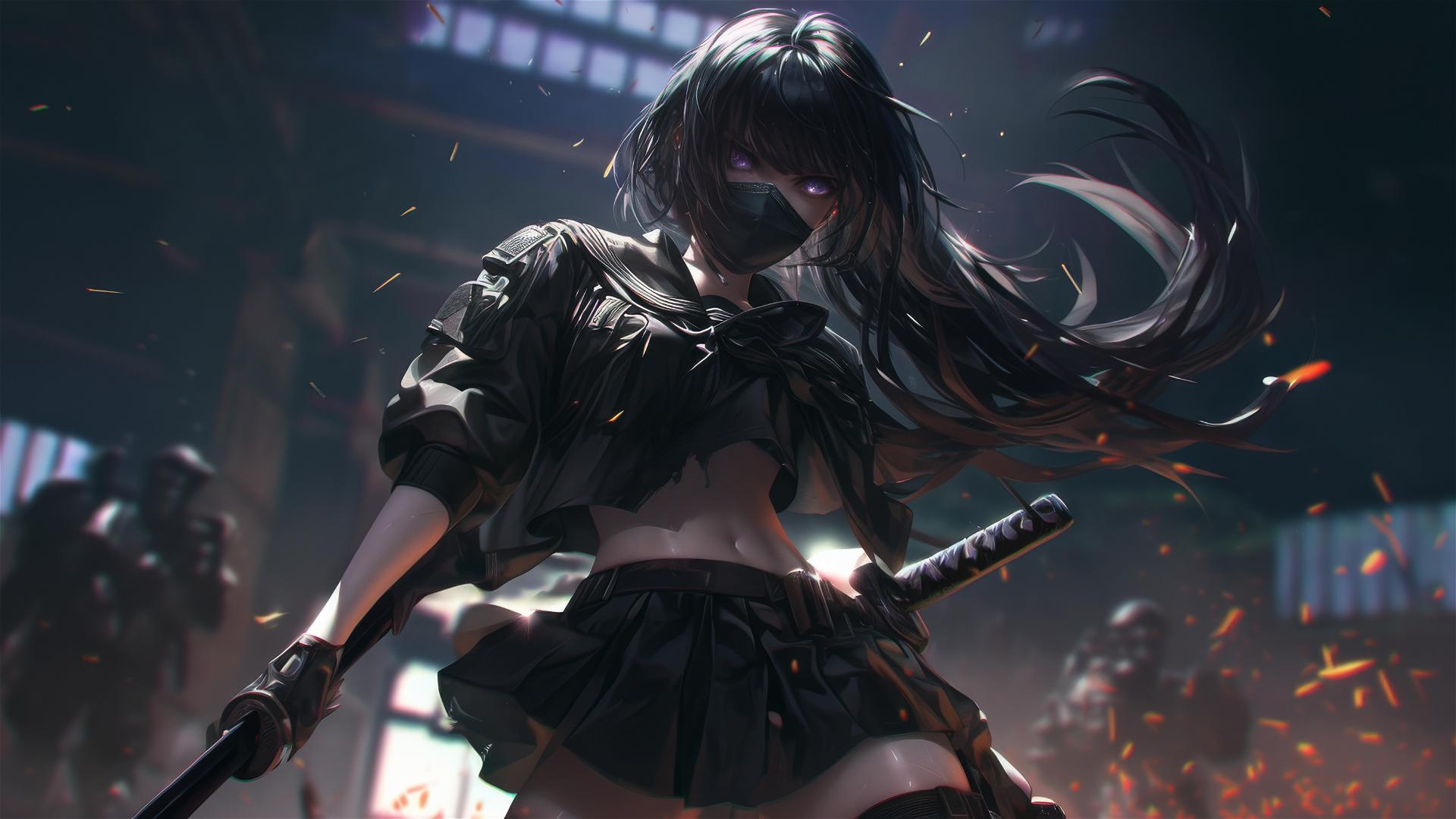 School girl with tactical gear in dynamic pose and thigh focus, wearing dark mask with spotlight effect
