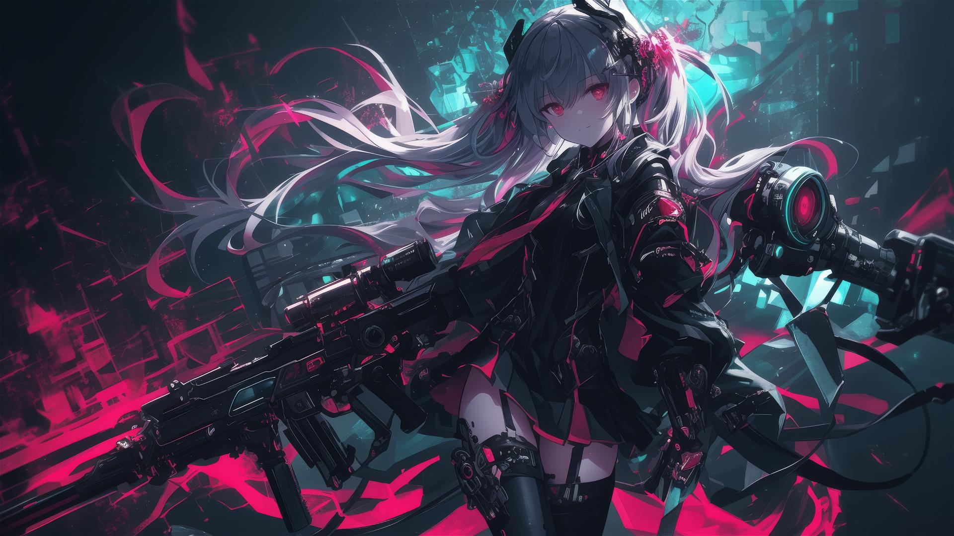 Cybernetic Agent Girl in dynamic pose with thigh focus on dark background
