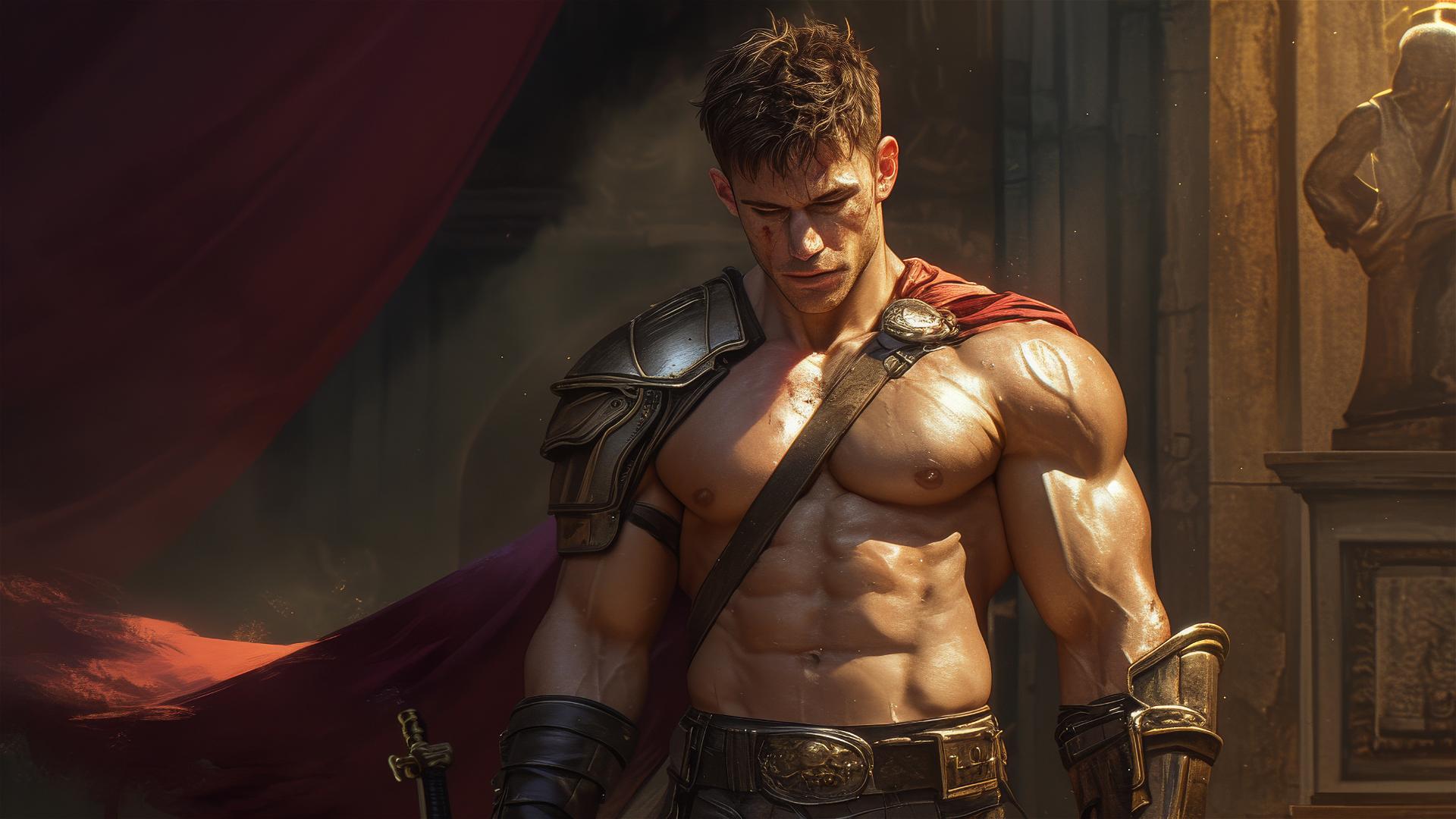 Gladiator warrior on dark background with spotlight and thigh focus